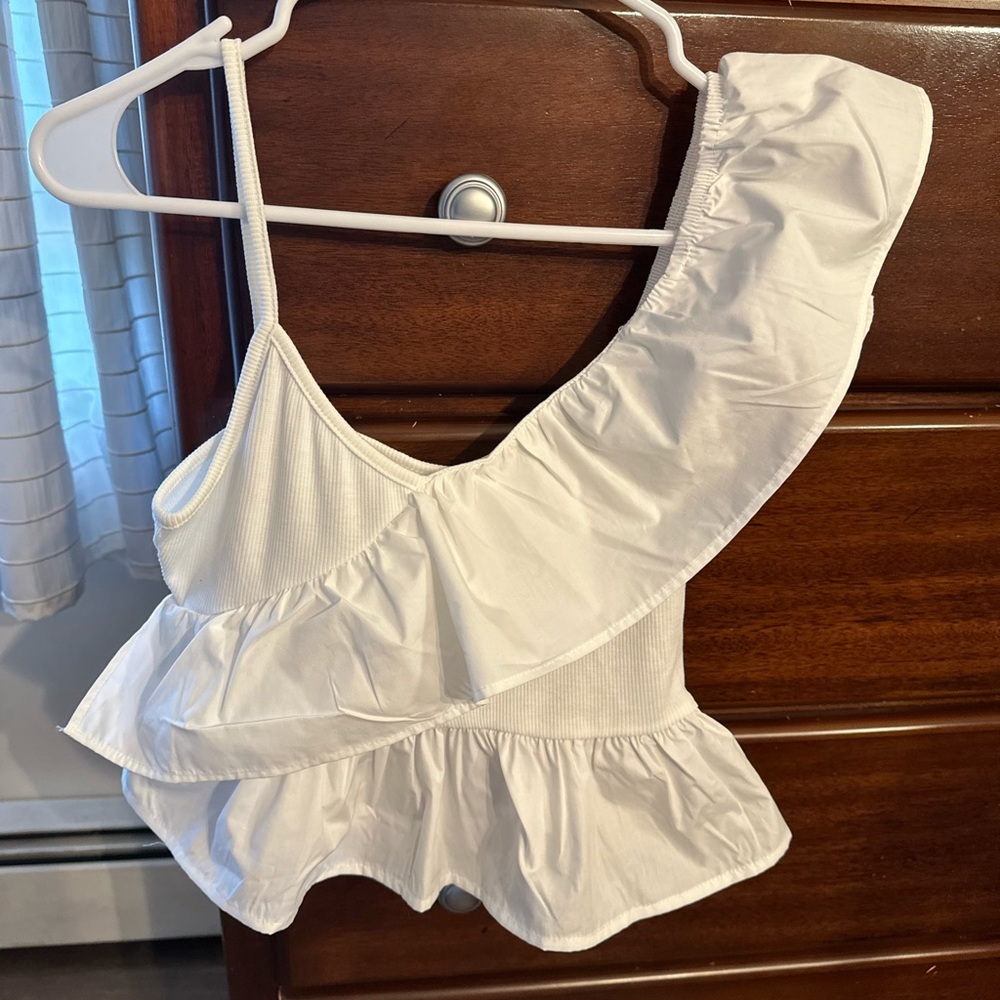 SHEIN white cross ruffled tank, size small cropped